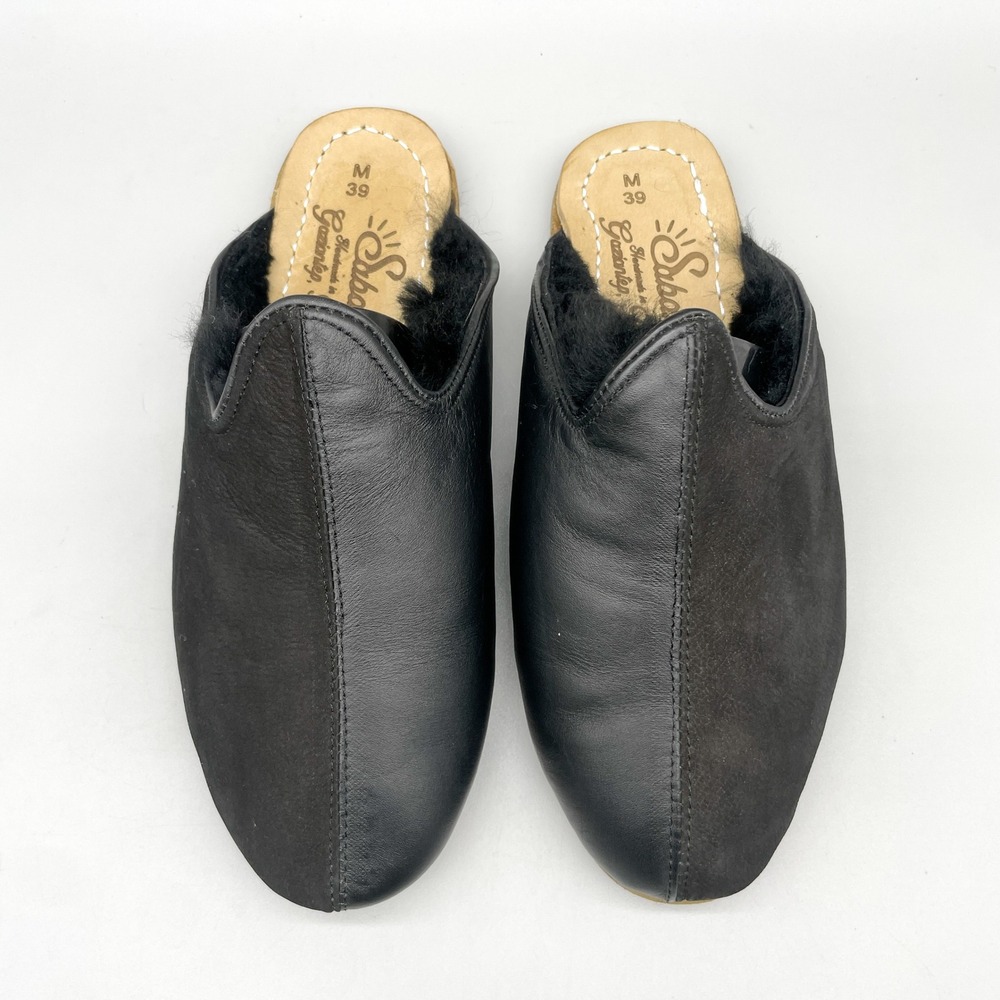 Sabah Baba Mules Shoes Mens 39 Black Leather Suede Shearling Lined SlipOn Loafer